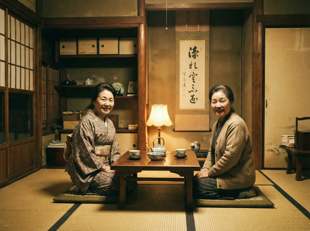 两位优雅的 今日吃瓜::今日吃瓜官方平台 | 传媒观察今日吃瓜导航 在日式茶室中品茶交谈